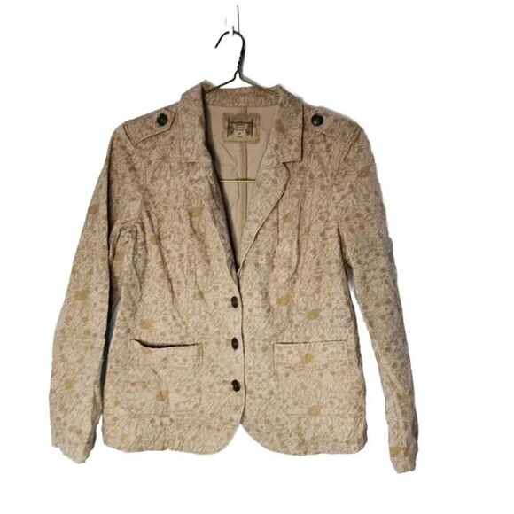 Womens Ruff Hewn Beige Floral Size M Blazer Jacket Button Down Cotton Work Wear - Picture 1 of 6